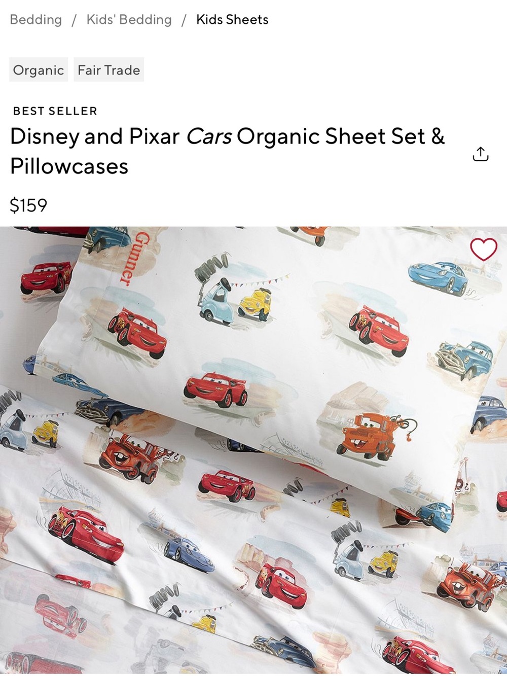 Disney and Pixar Cars Organic Sheet Set & Pillowcases